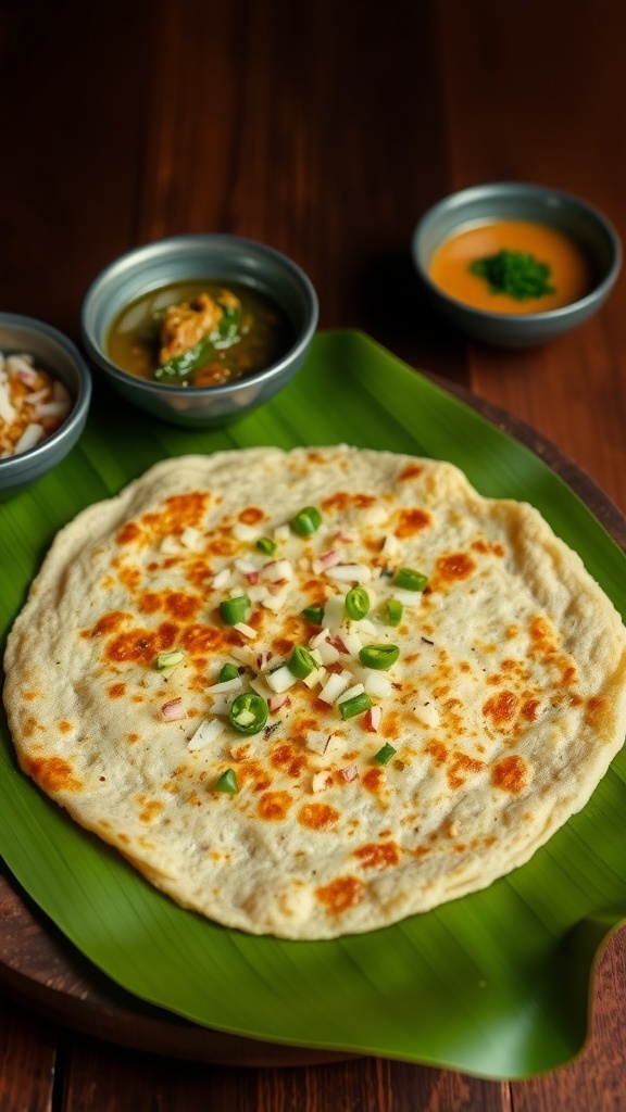 Golden brown onion uttapam garnished with onions and chilies, served with coconut chutney and sambar on a banana leaf.